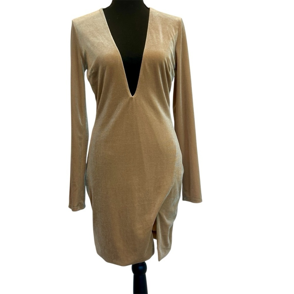 LUX LA camel tan brown velvet V-neck long sleeve mini dress bodycon cocktail L